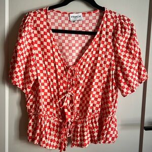 PINK AND RED CHECKERED TIE FRONT BLOUSE